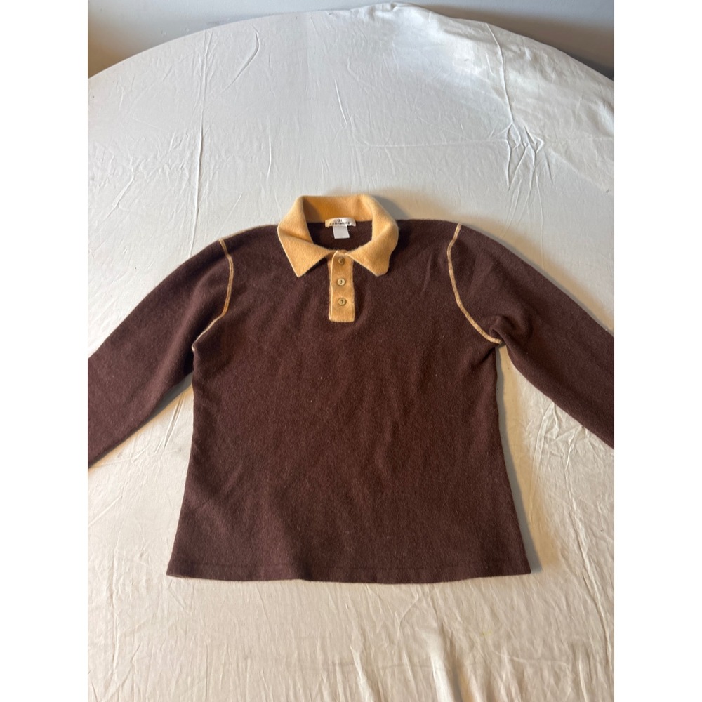 Qi Cashmere Polo Sweater Womens  Brown Tan Long Sleeve Collared